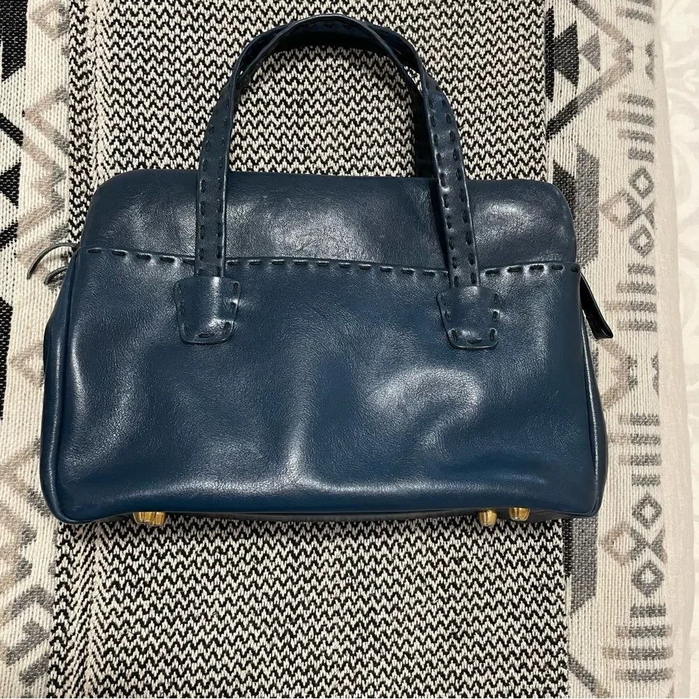 Vintage Ganson Navy Leather Short Handle Tote W/Stitching Detail Bag